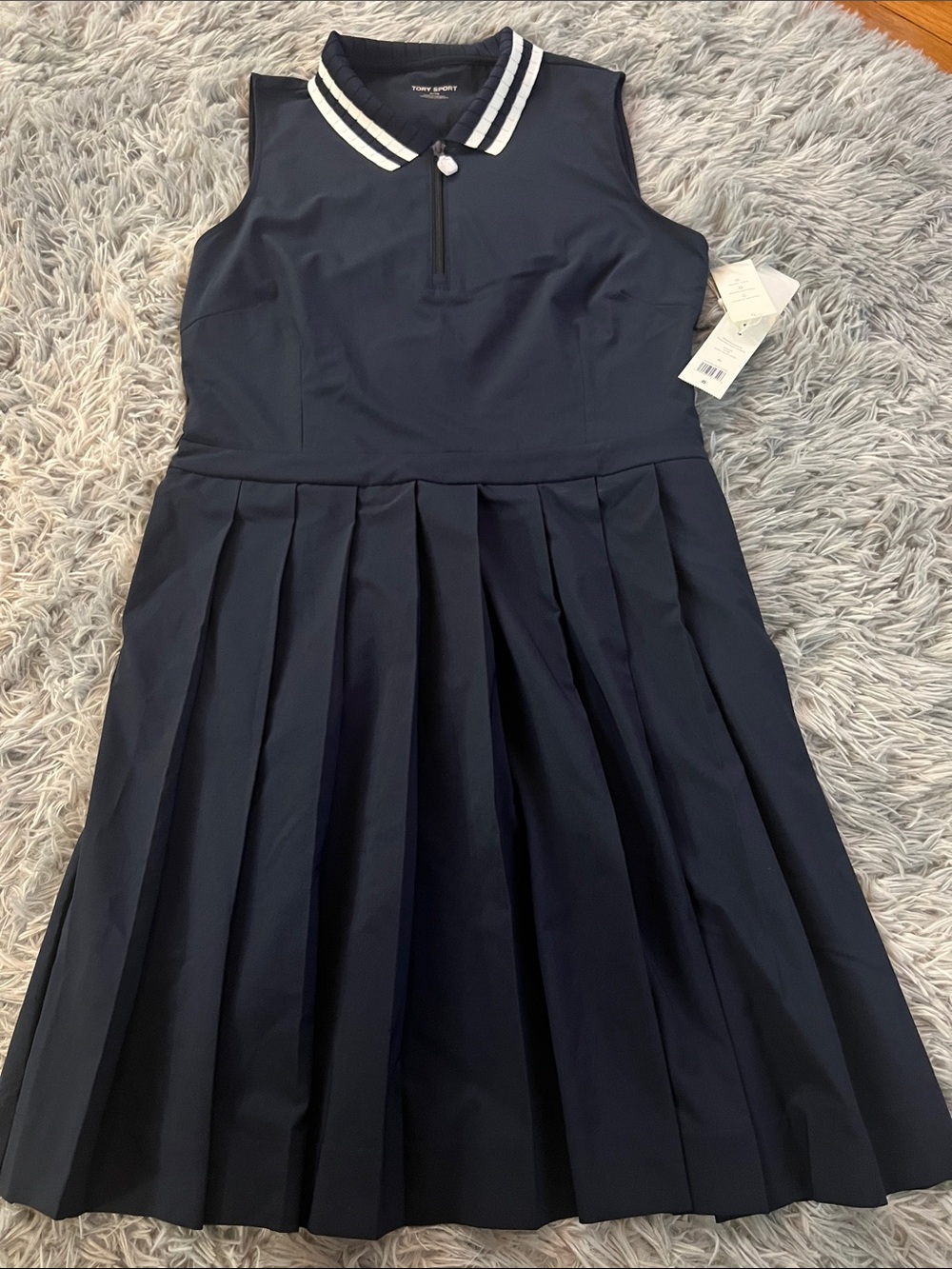 Tory Burch Golf Tennis Navy Pleated Polo Dress with White Stripe Collar Size: XL